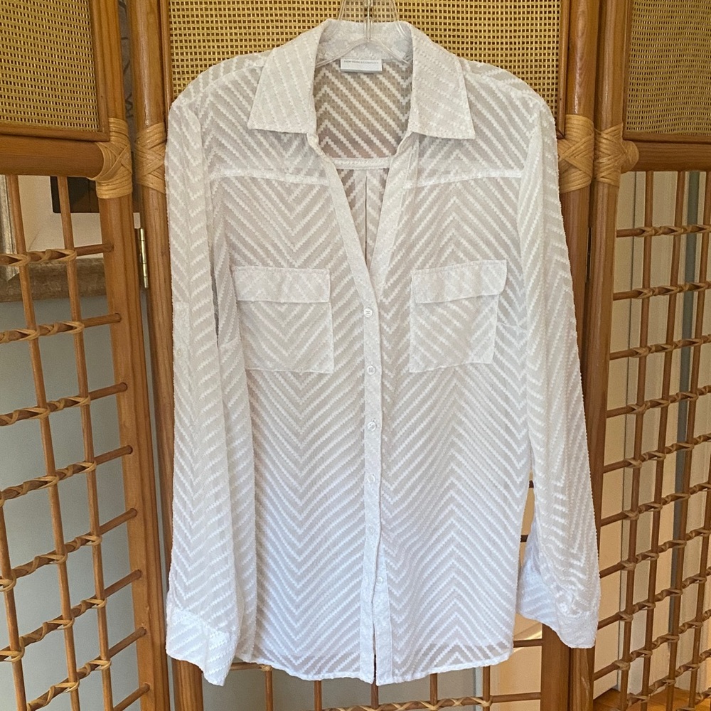 New York & Company White Chevron Button Down Shirt